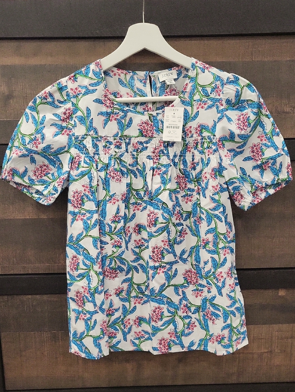 J. Crew White Floral Smocked Square-Neck Blouse with Blue & Pink Print